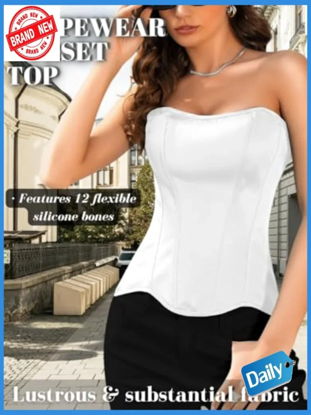 Lustrous Satin Corset, Strapless Overbust Lace-Up Shapewear, Wedding Guest